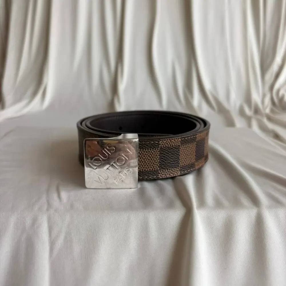 Louis Vuitton Damier Ebene Belt - Brown Checkered Canvas, Silver Buckle, Size 36